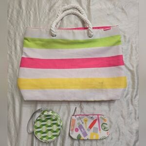 Lot Of 3 Clinique Bags Green Pink Striped Tote & 2 Small Makeup Bags